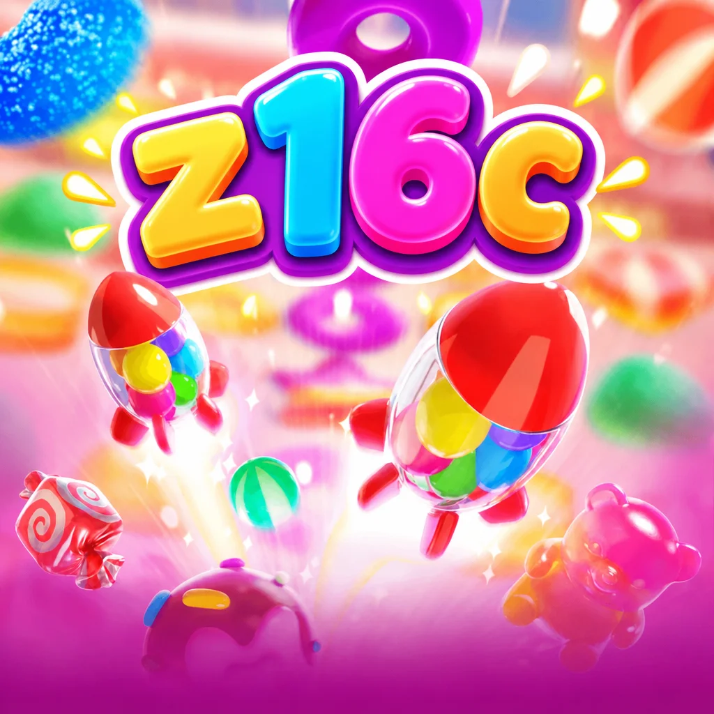 โลโก้ z16c พร้อมจรวดลูกกวาดและเยลลี่หลากสีในเกม Candy Burst