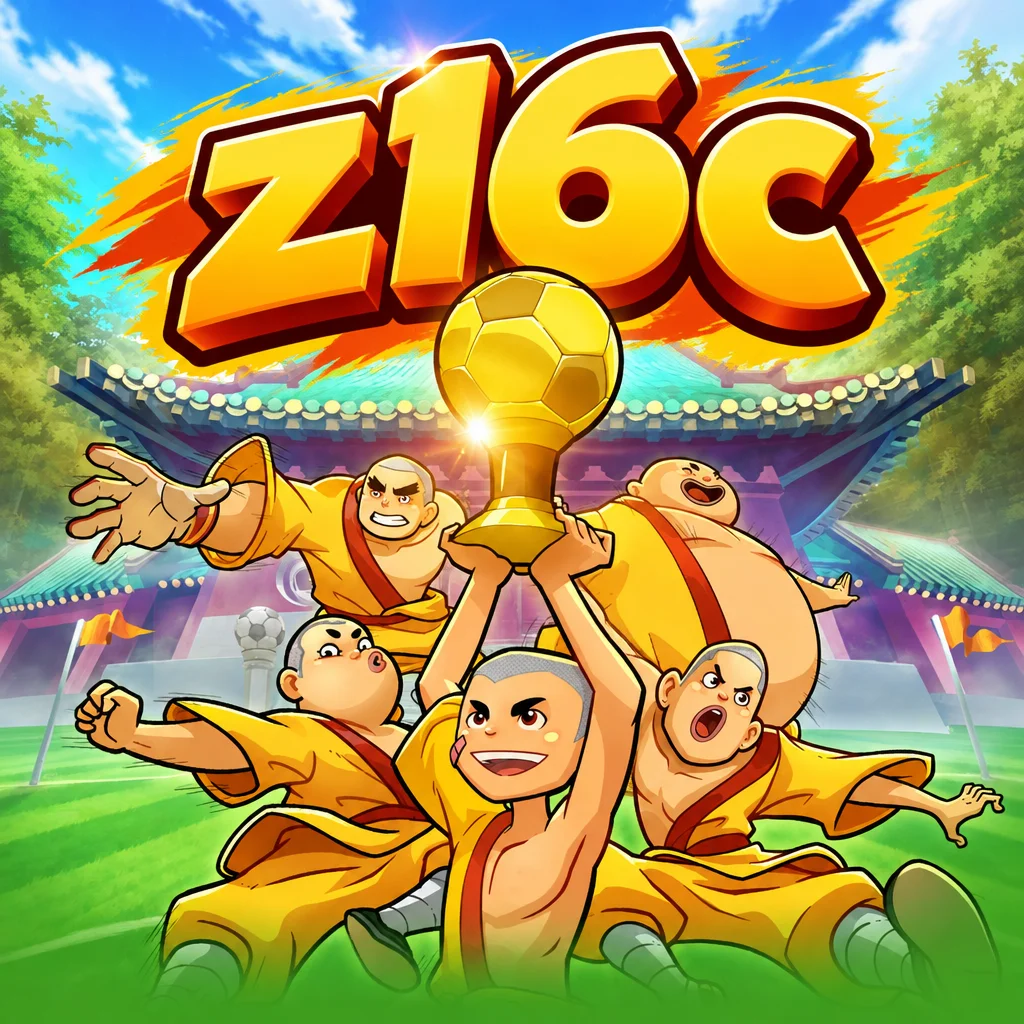 โลโก้ z16c พร้อมตัวละครนักเตะกังฟูและลูกฟุตบอลในเกม Shaolin Soccer